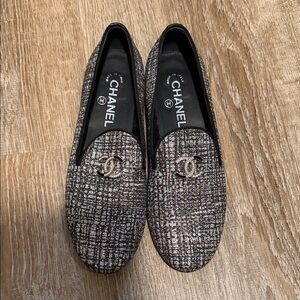 CHANEL Women's Tweed Loafers - Black & Silver